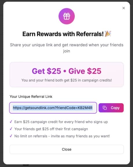 Referral program modal showing unique referral link and benefits