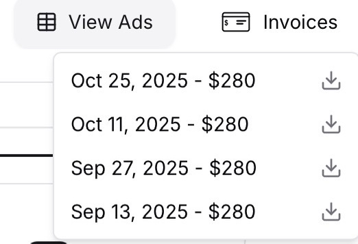 Invoices dropdown showing downloadable weekly invoices