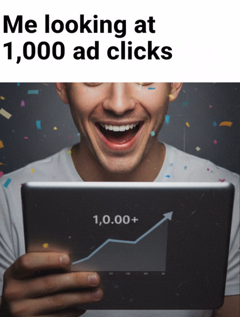 Meme showing a man excited about 1,000 ad clicks