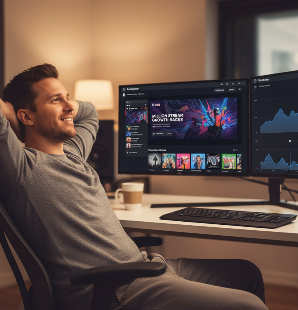 Artist smiling with headphones on, working on music