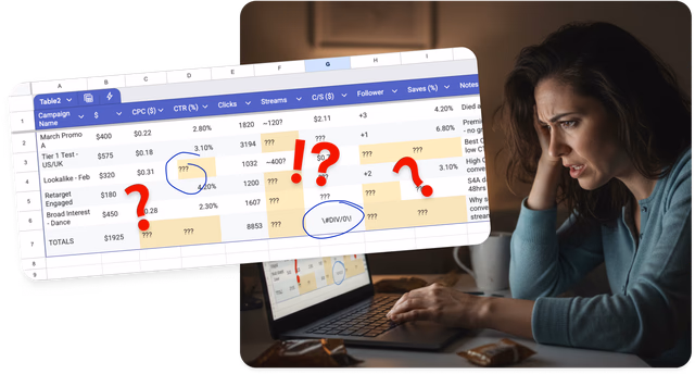 Artist at a laptop at night, head in hands